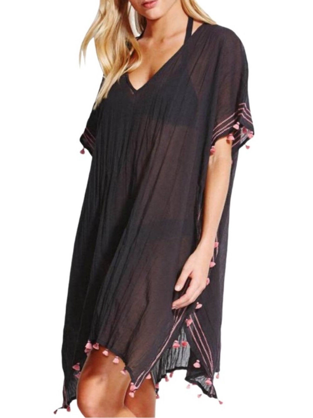 Seafolly Mini Tassel Gauze Kaftan in Black Pink OS
